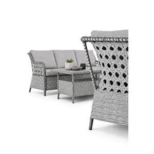 Zen Rattan Puflu Bahçe Balkon Takımı 3+1+1 Gri