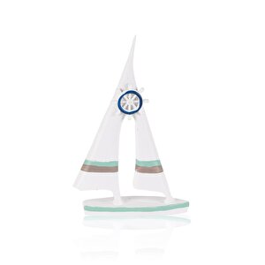 Retro Marin Çift Yelkenli Mavi Dümenli Biblo 19 Cm