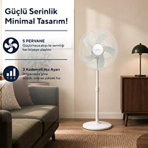 Ktf-350 Beyaz 16 İnç Ayaklı Vantilatör 50 W, 5 Pervaneli, 3 Kademeli, 121 Cm Ayarlanabilir Yükseklik