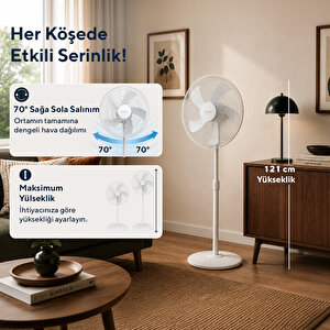 Ktf-350 Beyaz 16 İnç Ayaklı Vantilatör 50 W, 5 Pervaneli, 3 Kademeli, 121 Cm Ayarlanabilir Yükseklik