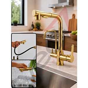 Spiralli Uzayabilen Başlık Fonksiyonel Arıtmalı Mutfak Bataryası Gold