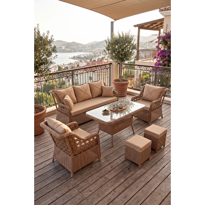 Frezya Serisi 1. Sınıf 3+1+1+2+2 Yastık Gri Rattan Gri Minder Bahçe Balkon Oturma Koltuk Takımı, Cappucino Rattan Cappucino Minder Cappucino