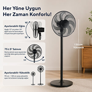 Ktf-760 Siyah 16 İnç Ayaklı Vantilatör 50 W,7 Pervaneli,3 Kademeli, 130 Cm Yükseklik