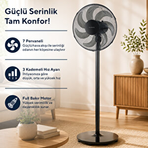 Ktf-760 Siyah 16 İnç Ayaklı Vantilatör 50 W,7 Pervaneli,3 Kademeli, 130 Cm Yükseklik
