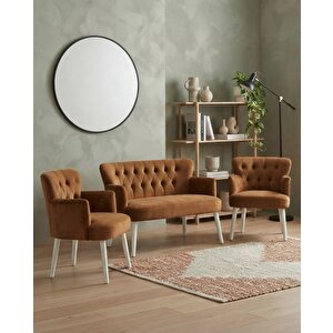 Roma 2+1+1 Babyface Kumaş Çay Seti Ev & Ofis Koltuk Takımı - Ahşap Beyaz Ayak - Kahverengi