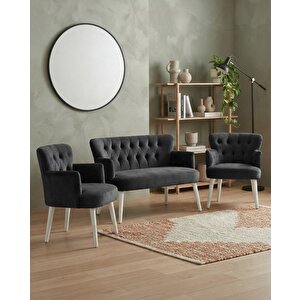Roma 2+1+1 Babyface Kumaş Çay Seti Ev & Ofis Koltuk Takımı - Ahşap Beyaz Ayak - Antrasit