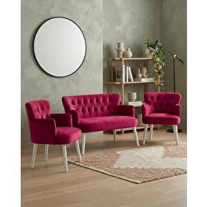 Roma 2+1+1 Babyface Kumaş Çay Seti Ev & Ofis Koltuk Takımı - Ahşap Beyaz Ayak - Fuşya