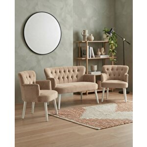 Roma 2+1+1 Babyface Kumaş Çay Seti Ev & Ofis Koltuk Takımı - Ahşap Beyaz Ayak - Cappuccino Bej
