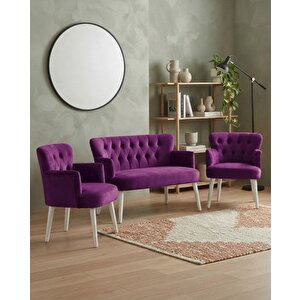 Roma 2+1+1 Babyface Kumaş Çay Seti Ev & Ofis Koltuk Takımı - Ahşap Beyaz Ayak - Mor