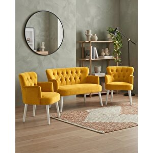 Roma 2+1+1 Babyface Kumaş Çay Seti Ev & Ofis Koltuk Takımı - Ahşap Beyaz Ayak - Sarı