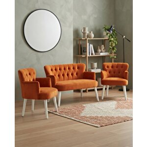 Roma 2+1+1 Babyface Kumaş Çay Seti Ev & Ofis Koltuk Takımı - Ahşap Beyaz Ayak - Bakır