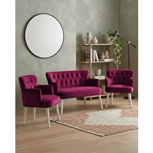 Roma 2+1+1 Babyface Kumaş Çay Seti Ev & Ofis Koltuk Takımı - Ahşap Beyaz Ayak - Bordo