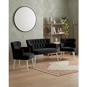 Roma 2+1+1 Babyface Kumaş Çay Seti Ev & Ofis Koltuk Takımı - Ahşap Beyaz Ayak - Siyah