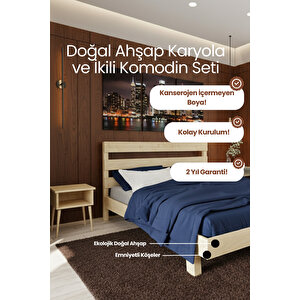 Natura New Masif Çam Karyola Ve 2 Adet Komodin Seti 180x200 cm