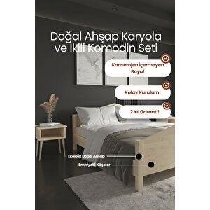 Milano Masif Çam Karyola Ve 2 Adet Komodin Seti - Vernikli 140x190 cm