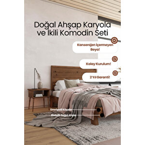 Hüma Yatay Çizgili Başlıklı Masif Çam Karyola Ve 2 Adet Komodin Seti 90x190 cm