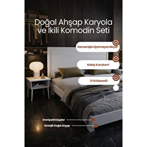 Alaz Yatay Başlıklı Masif Doğal Ahşap Karyola Ve 2 Adet Komodin Seti 90x190 cm