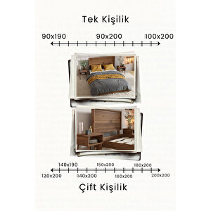 Ebruli Yatay Çizgili Başlıklı Masif Çam Karyola Ve 2 Adet Komodin Seti 200x200 cm
