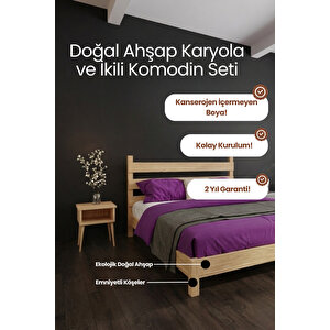 Natura Masif Çam Karyola Ve 2 Adet Komodin Seti 140x190 cm