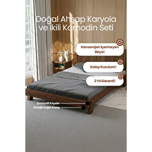Ebruli Dikey Çizgili Başlıklı Masif Çam Karyola Ve 2 Adet Komodin Seti 150x200 cm