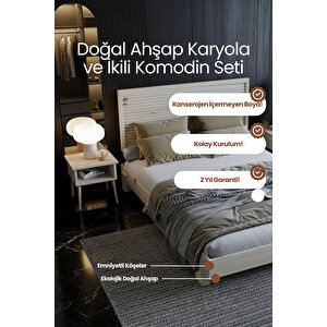 Alaz Yatay Başlıklı Masif Doğal Ahşap Karyola Ve 2 Adet Komodin Seti - Vernikli 180x200 cm