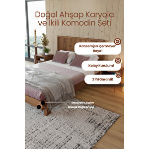 Hüma Dikey Çizgili Model Masif Çam Karyola Ve 2 Adet Komodin Seti 180x200 cm
