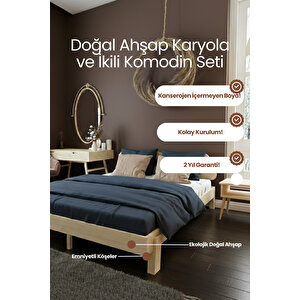 Damla 2'li Başlıklı Doğal Masif Ahşap Karyola Ve 2 Adet Komodin Seti - Vernikli 200x200 cm