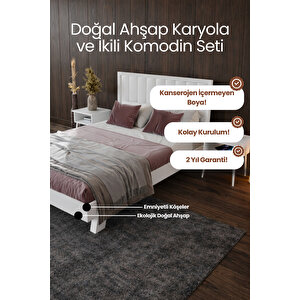 Hüma Dikey Çizgili Model Masif Çam Karyola Ve 2 Adet Komodin Seti 90x200 cm
