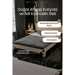 Ebruli Dikey Çizgili Başlıklı Masif Çam Karyola Ve 2 Adet Komodin Seti 200x200 cm