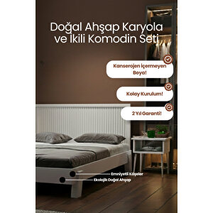 Ebruli Dikey Çizgili Başlıklı Masif Çam Karyola Ve 2 Adet Komodin Seti 140x190 cm