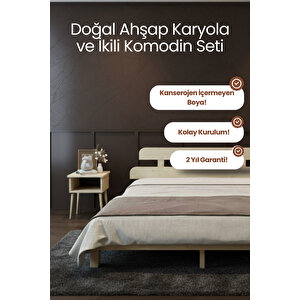 Lotus Masif Çam Karyola Ve 2 Adet Komodin Seti 140x200 cm