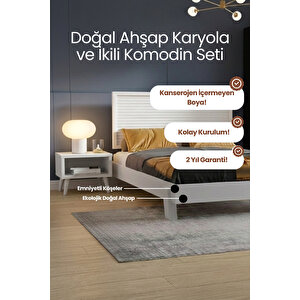 Ebruli Yatay Çizgili Başlıklı Masif Çam Karyola Ve 2 Adet Komodin Seti 90x190 cm