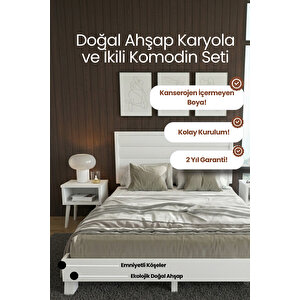Hüma Yatay Çizgili Başlıklı Masif Çam Karyola Ve 2 Adet Komodin Seti 140x190 cm
