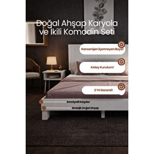 Alaz Dikey Başlıklı Masif Doğal Ahşap Karyola Ve 2 Adet Komodin Seti 120x200 cm