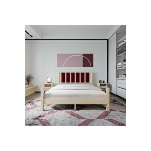 Orion Model Bordo Renk Puflu Başlıklı Vernikli Çam Ahşap Karyola - Vernikli Ve 2 Komodin Set 100x200 cm