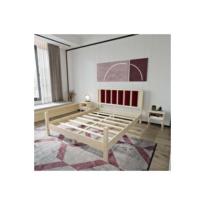 Orion Model Bordo Renk Puflu Başlıklı Vernikli Çam Ahşap Karyola - Vernikli Ve 2 Komodin Set 100x200 cm