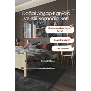 Melodi Çift Başlıklı Masif Çam Karyola Ve 2 Adet Komodin Seti - Vernikli 90x200 cm