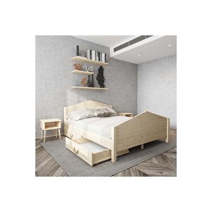 Milano 4 Çekmeceli Doğal Çam Ahşap Karyola Ve 2 Komodin Set 180x200 cm
