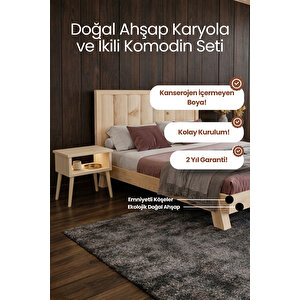 Hüma Dikey Çizgili Model Masif Çam Karyola Ve 2 Adet Komodin Seti 90x190 cm