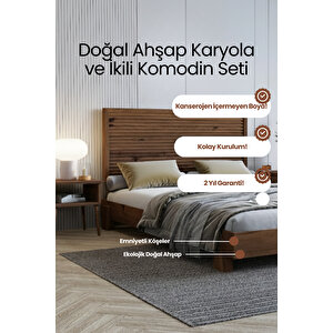 Alaz Yatay Başlıklı Masif Doğal Ahşap Karyola Ve 2 Adet Komodin Seti 100x200 cm