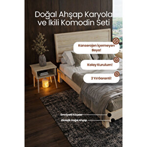 Hüma Yatay Çizgili Başlıklı Masif Çam Karyola Ve 2 Adet Komodin Seti 90x190 cm