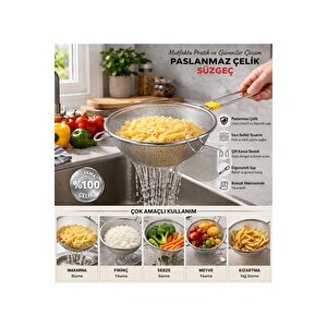 Ferro - Collection Tek Parça %100 Paslanmaz Çelik İnce Delikli Süzgeç ( 7501 - 18 Cm - Gümüş )