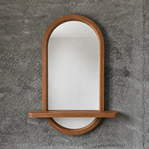 Doğal Masif Kayın Ahşap Çerçeveli Kapsül Oval Raflı Ayna (ti̇k Rengi̇) 40x71 cm