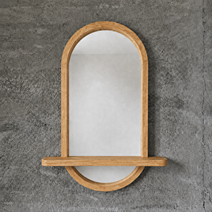 Doğal Masif Kayın Ahşap Çerçeveli Kapsül Oval Raflı Ayna (meşe Rengi̇) 60x107 cm