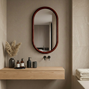 Kapsül Formlu Kayın Ahşap Çerçeveli Ayna | Boy Aynası, Oval Banyo Ve Antre Dekoru (maun Rengi̇) 60x107 cm
