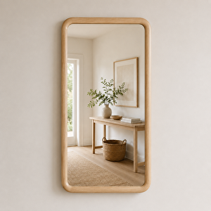 Yuvarlatılmış Köşeli Dikdörtgen Duvar Aynası, Ahşap Çerçeveli Ayna, Masif Kayın Ağacı Banyo Lavabo Aynası (kayin Rengi̇) 70x123 cm