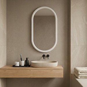 Kapsül Formlu Kayın Ahşap Çerçeveli Ayna | Boy Aynası, Oval Banyo Ve Antre Dekoru (beyaz Rengi̇) 60x107 cm