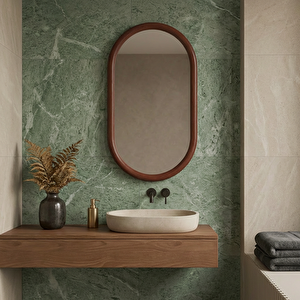 Kapsül Formlu Kayın Ahşap Çerçeveli Ayna | Boy Aynası, Oval Banyo Ve Antre Dekoru (cevi̇z Rengi̇) 65x116 cm