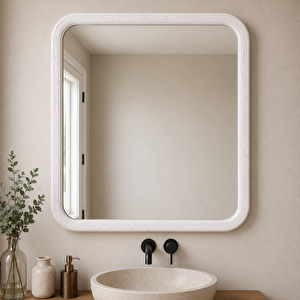 Kare Ahşap Çerçeveli Ayna, Yuvarlatılmış Köşeli Duvar Aynası, Masif Kayın Banyo Aynası, Antre Ve Makyaj Aynası (beyaz Rengi̇) 90x90 cm
