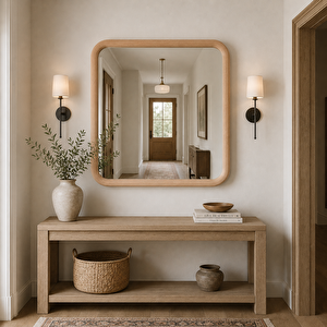 Kare Ahşap Çerçeveli Ayna, Yuvarlatılmış Köşeli Duvar Aynası, Masif Kayın Banyo Aynası, Antre Ve Makyaj Aynası (beyaz Rengi̇) 90x90 cm